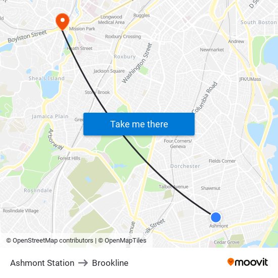 Ashmont Station to Brookline map