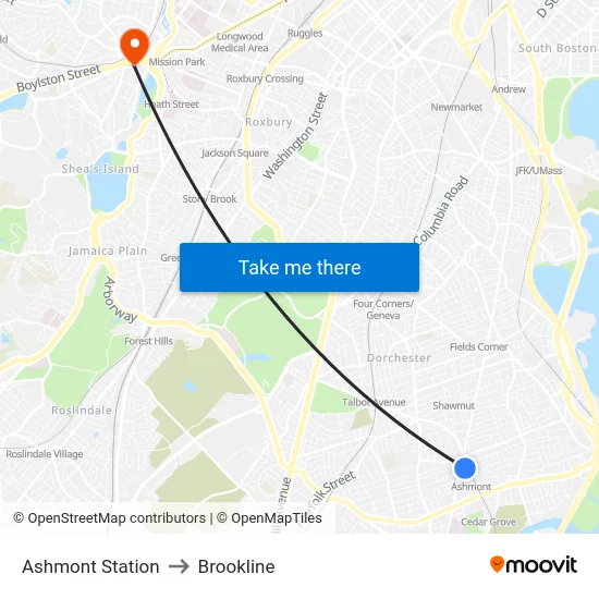 Ashmont Station to Brookline map