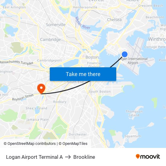 Logan Airport Terminal A to Brookline map