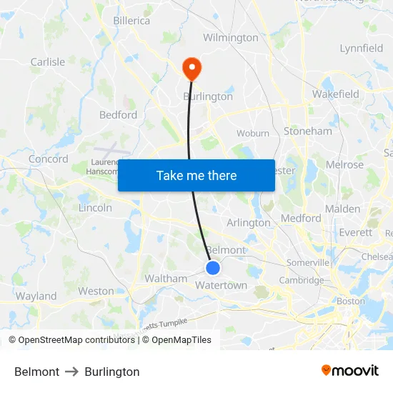 Belmont to Burlington map