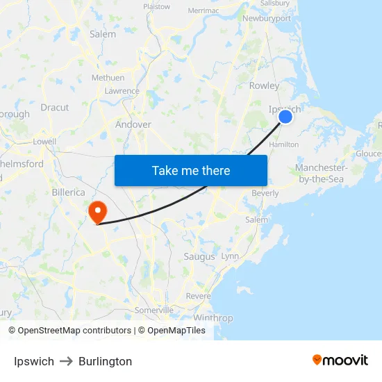 Ipswich to Burlington map