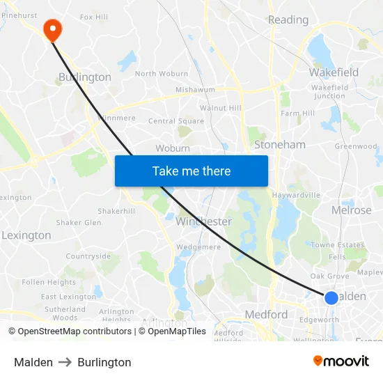 Malden to Burlington map