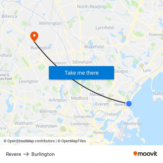 Revere to Burlington map