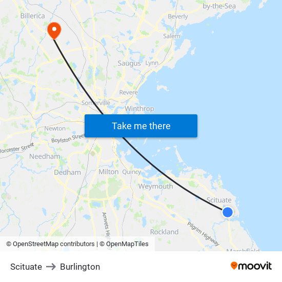 Scituate to Burlington map