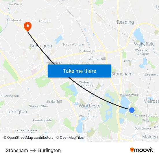 Stoneham to Burlington map