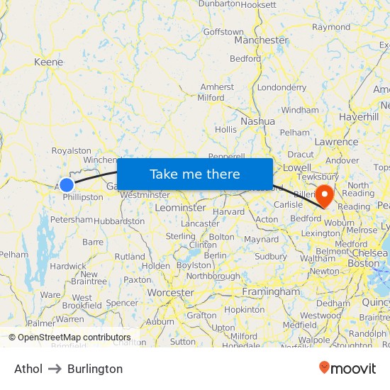 Athol to Burlington map