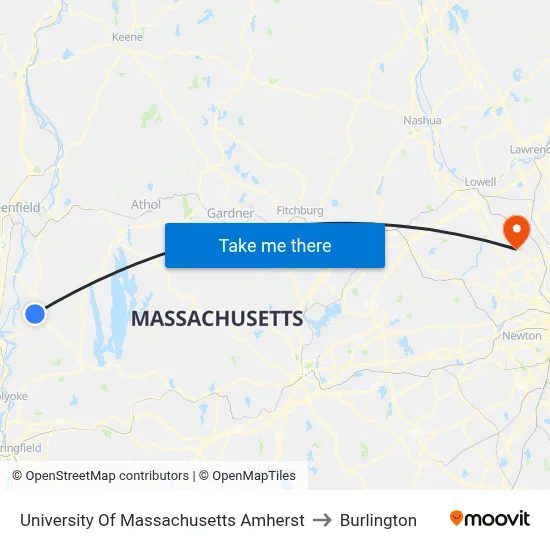 University Of Massachusetts Amherst to Burlington map