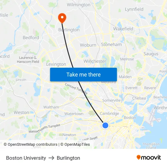 Boston University to Burlington map