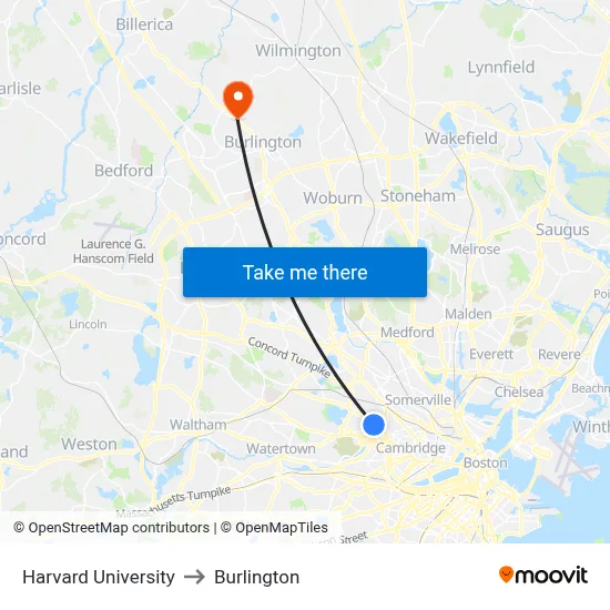 Harvard University to Burlington map