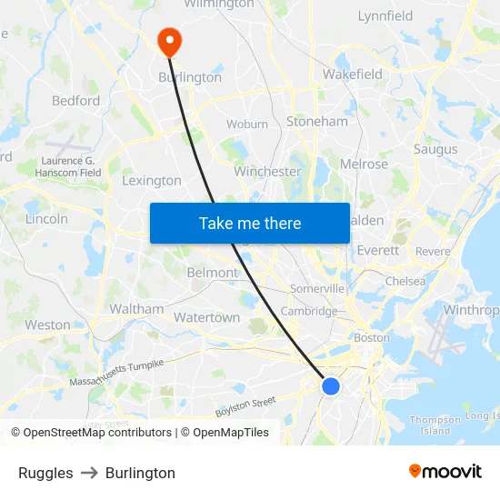 Ruggles to Burlington map