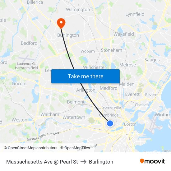 Massachusetts Ave @ Pearl St to Burlington map