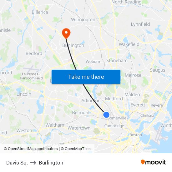 Davis Sq. to Burlington map