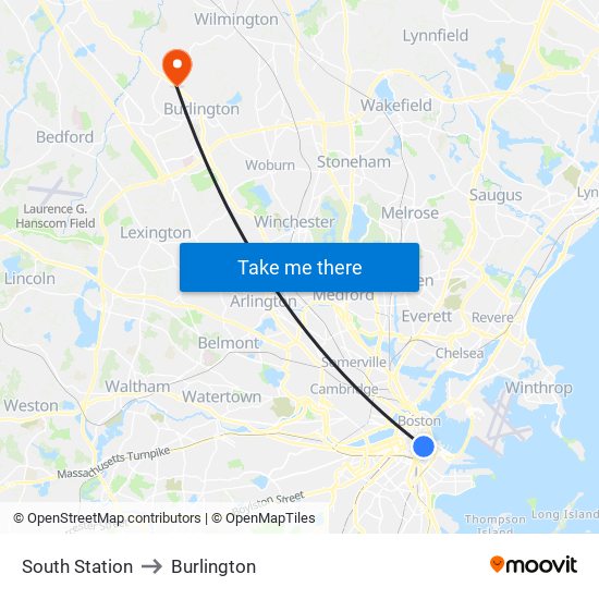 South Station to Burlington map