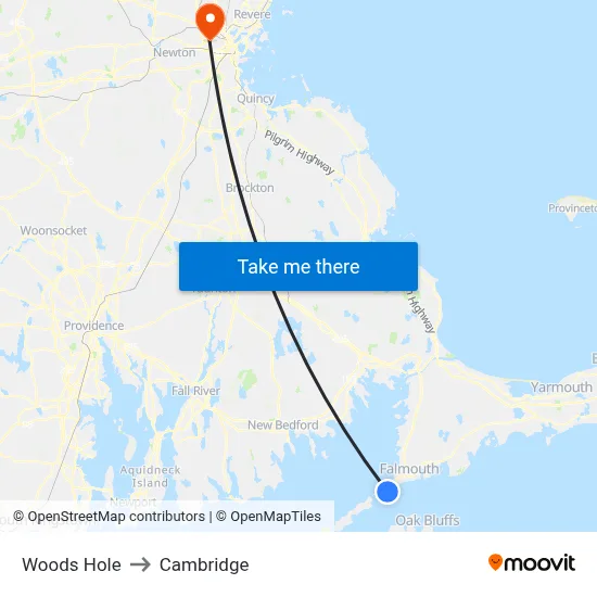 Woods Hole to Cambridge map