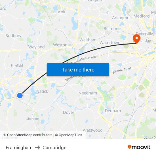 Framingham to Cambridge map