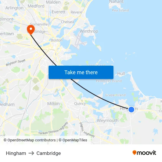 Hingham to Cambridge map