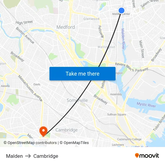 Malden to Cambridge map