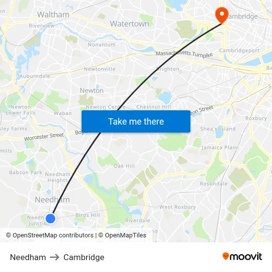 Needham to Cambridge map