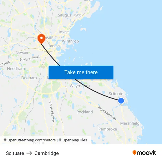 Scituate to Cambridge map