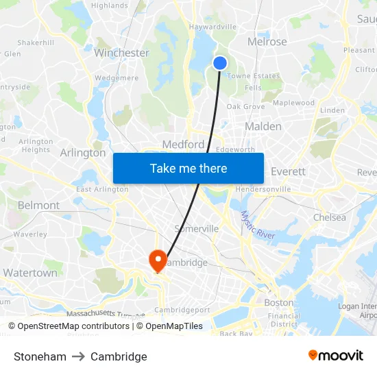Stoneham to Cambridge map