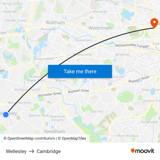 Wellesley to Cambridge map