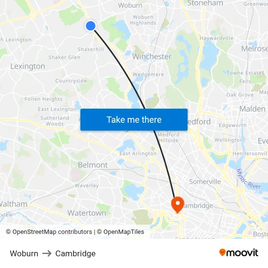 Woburn to Cambridge map