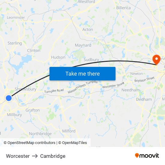 Worcester to Cambridge map