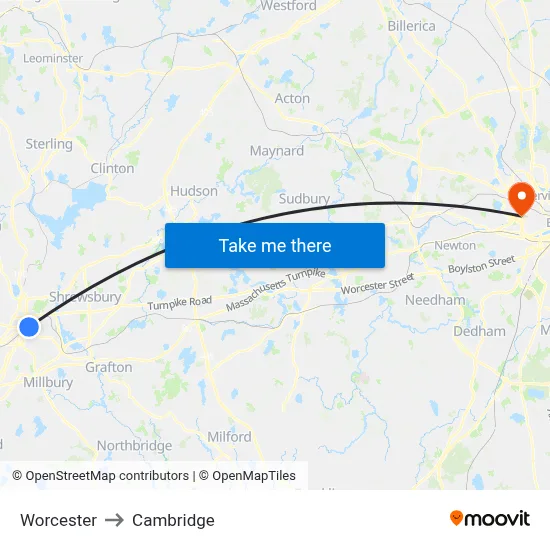 Worcester to Cambridge map