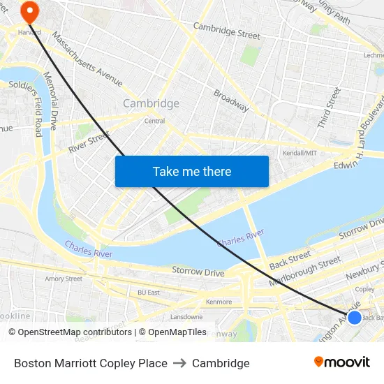 Boston Marriott Copley Place to Cambridge map