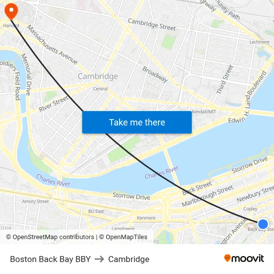 Boston Back Bay BBY to Cambridge map