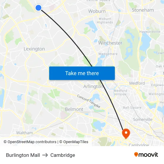 Burlington Mall to Cambridge map