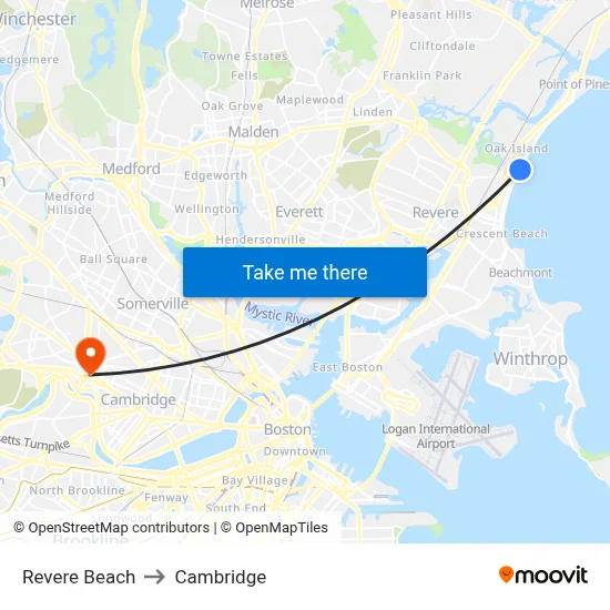 Revere Beach to Cambridge map