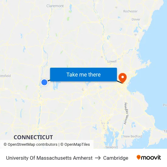 University Of Massachusetts Amherst to Cambridge map