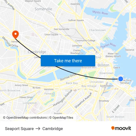 Seaport Square to Cambridge map