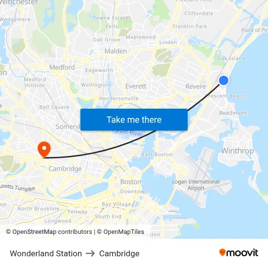 Wonderland Station to Cambridge map