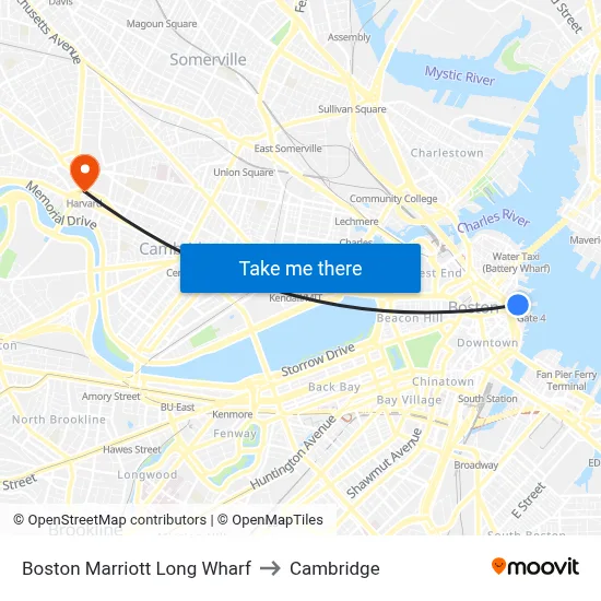 Boston Marriott Long Wharf to Cambridge map