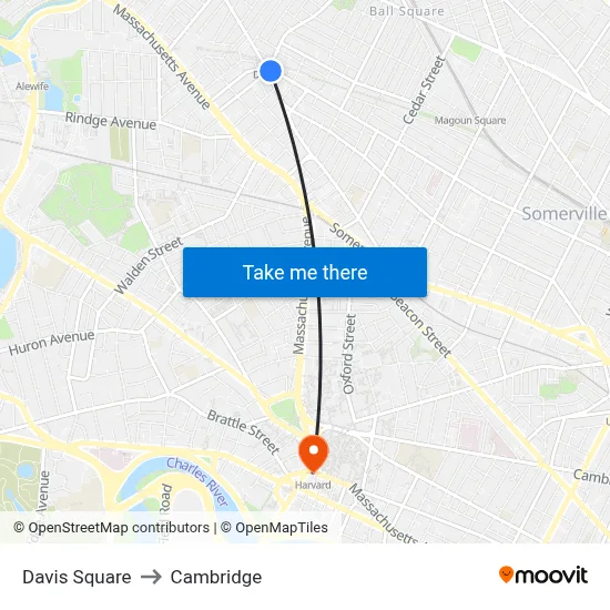 Davis Square to Cambridge map