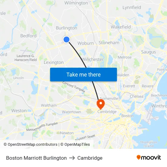 Boston Marriott Burlington to Cambridge map