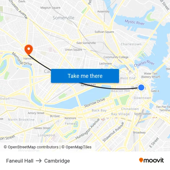 Faneuil Hall to Cambridge map