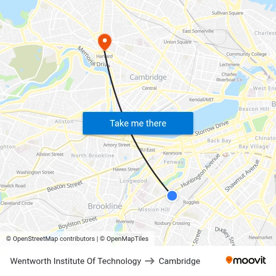 Wentworth Institute Of Technology to Cambridge map