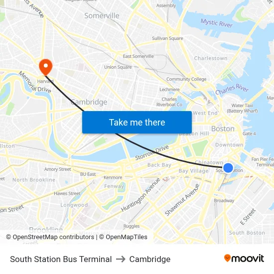 South Station Bus Terminal to Cambridge map
