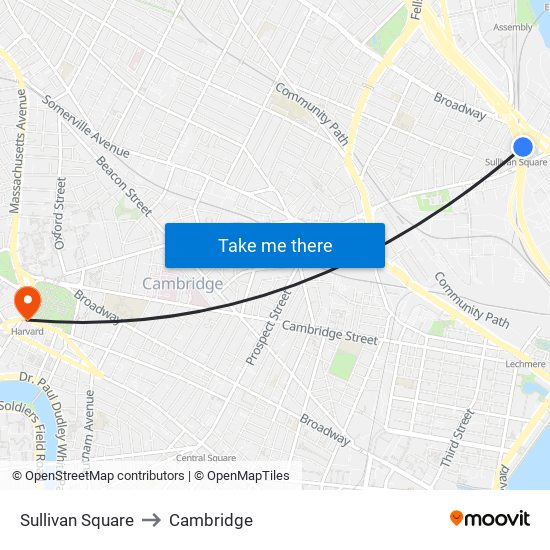 Sullivan Square to Cambridge map