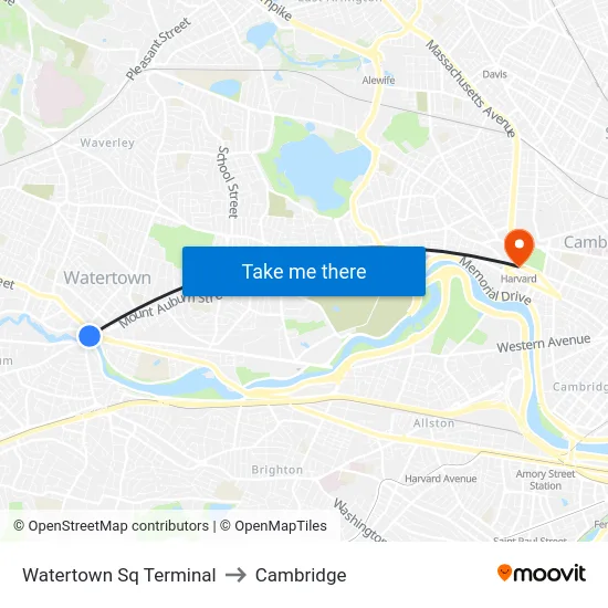 Watertown Sq Terminal to Cambridge map