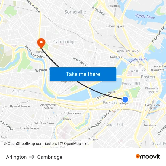Arlington to Cambridge map