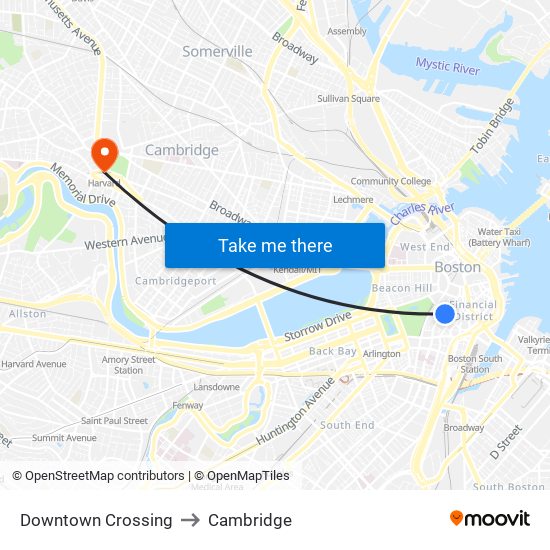 Downtown Crossing to Cambridge map