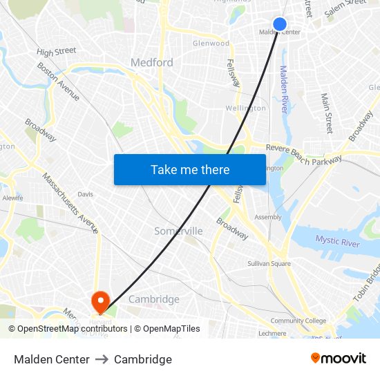 Malden Center to Cambridge map