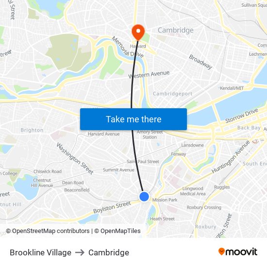 Brookline Village to Cambridge map