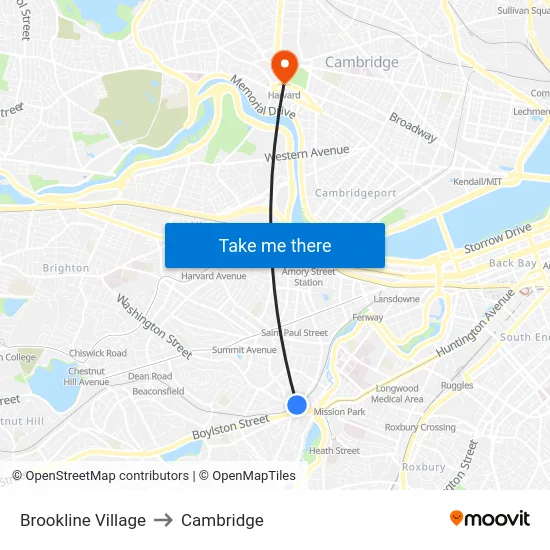 Brookline Village to Cambridge map