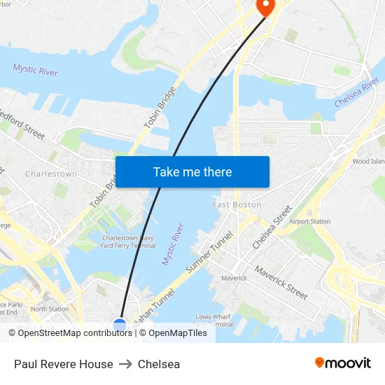 Paul Revere House to Chelsea map