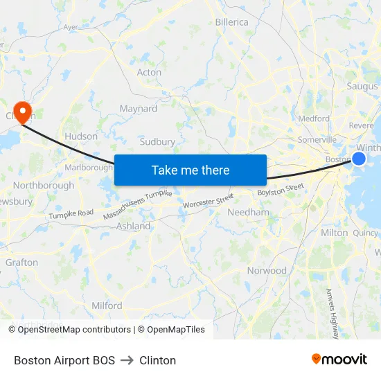 Boston Airport BOS to Clinton map